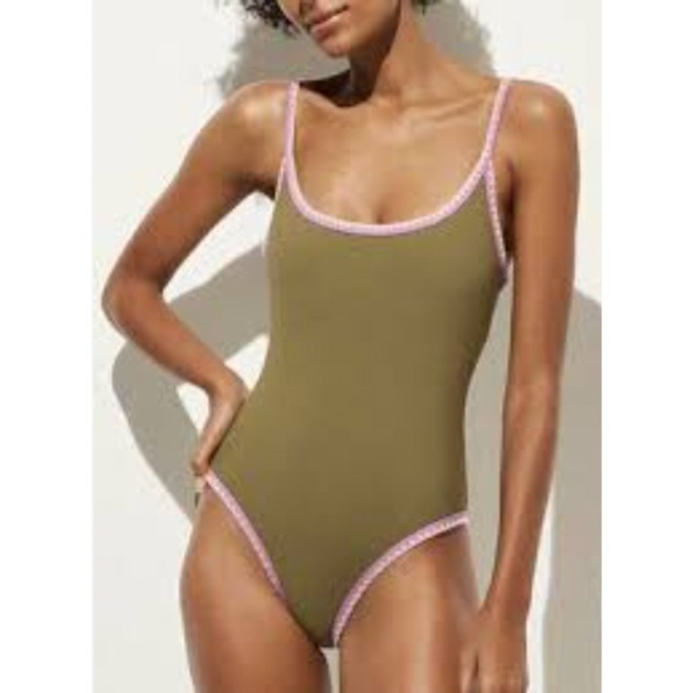 J.Crew Crochet Scoopback One-Piece Swimsuit Olive Purple Embroidered Size 10